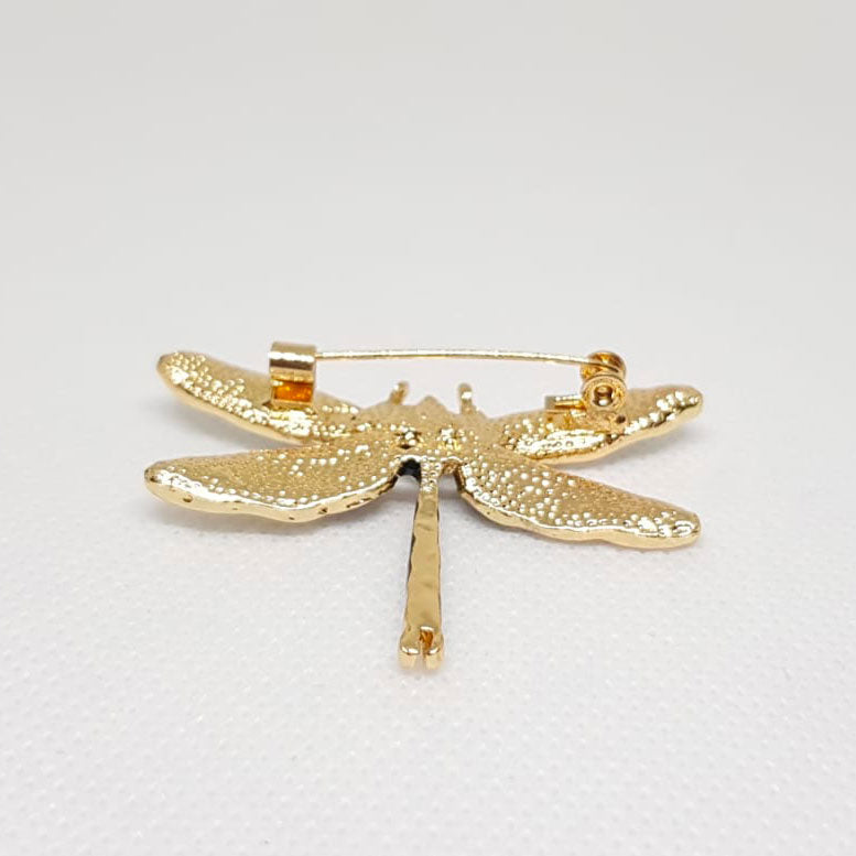 Gold Dragonfly Insect Brooch Black White