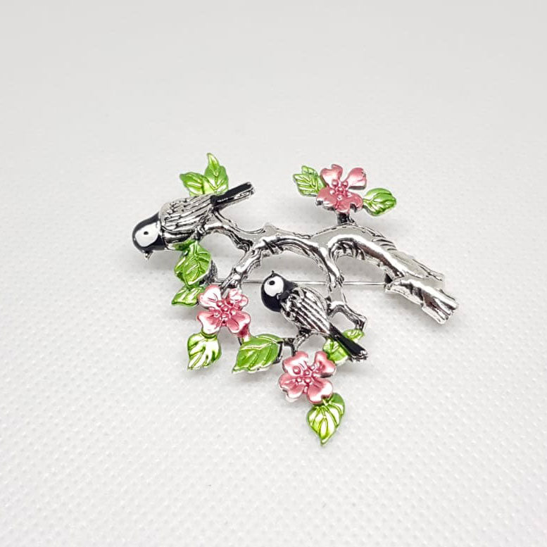 Broche Oiseau Arbre Fleurs Rose