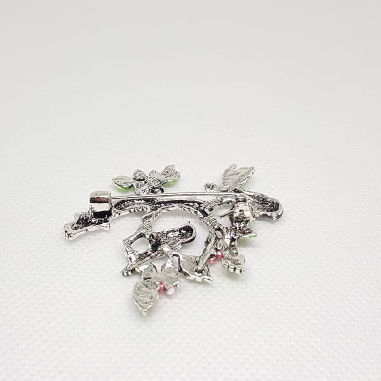 Silver Brooch Bird Branch Tree Flowers Pink