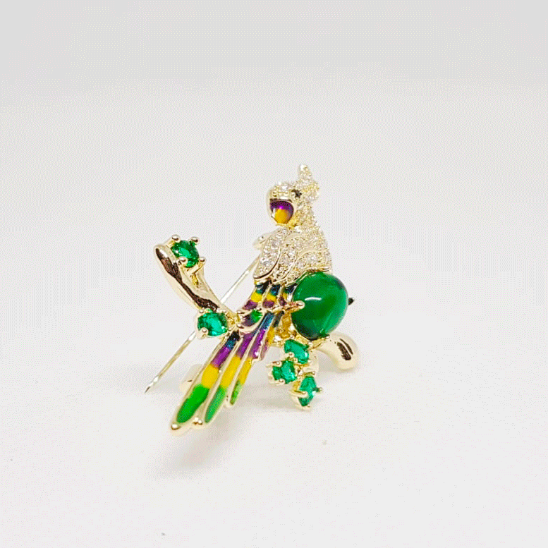 Broche Doree Oiseau Perruche Multicolore sur Branche Pierre Verte