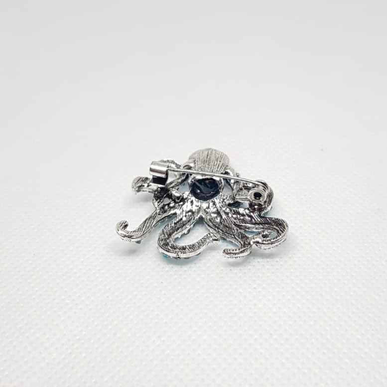Brooch Silver Octopus Squid Octopus Blue Crystal