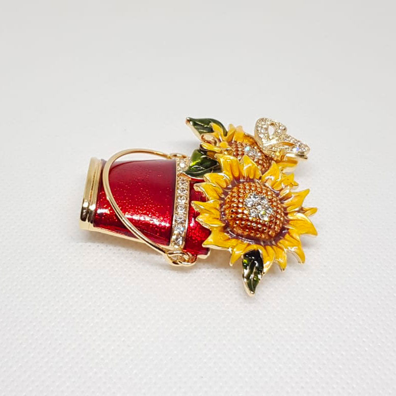 Broche Doree Fleurs Tournesol Pot Rouge