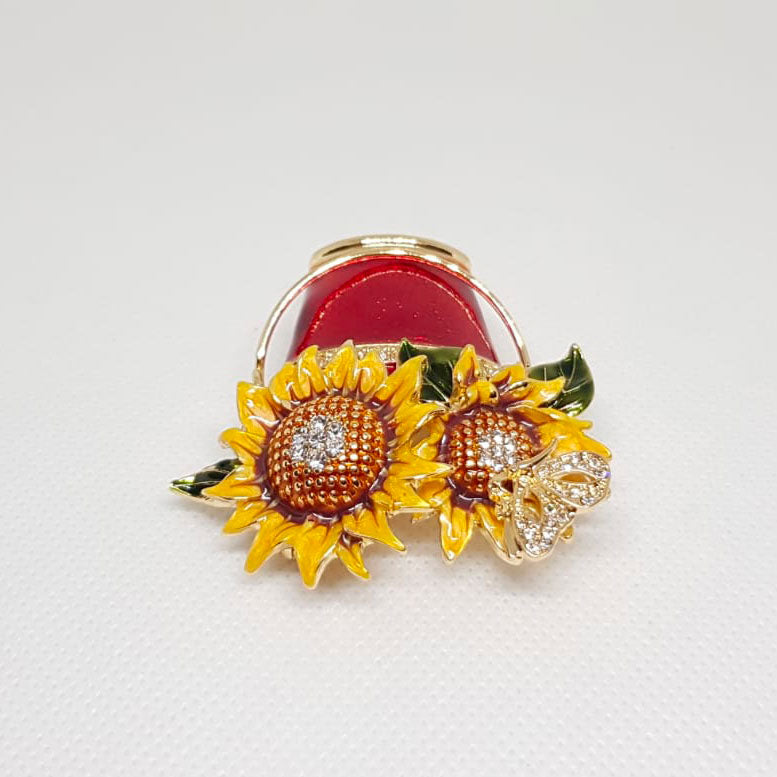 Broche Doree Fleurs Tournesol Pot Rouge