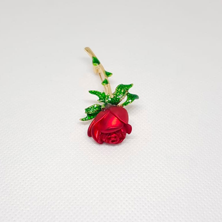 Broche Doree Rose Rouge Epines Vertes