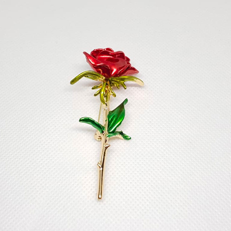 Broche Doree Rose Rouge Petales Vertes