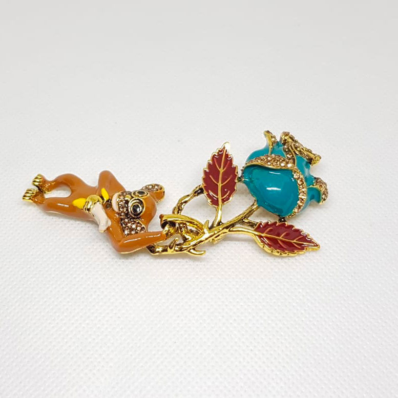 Broche Vintage Singe Fleur Bleue