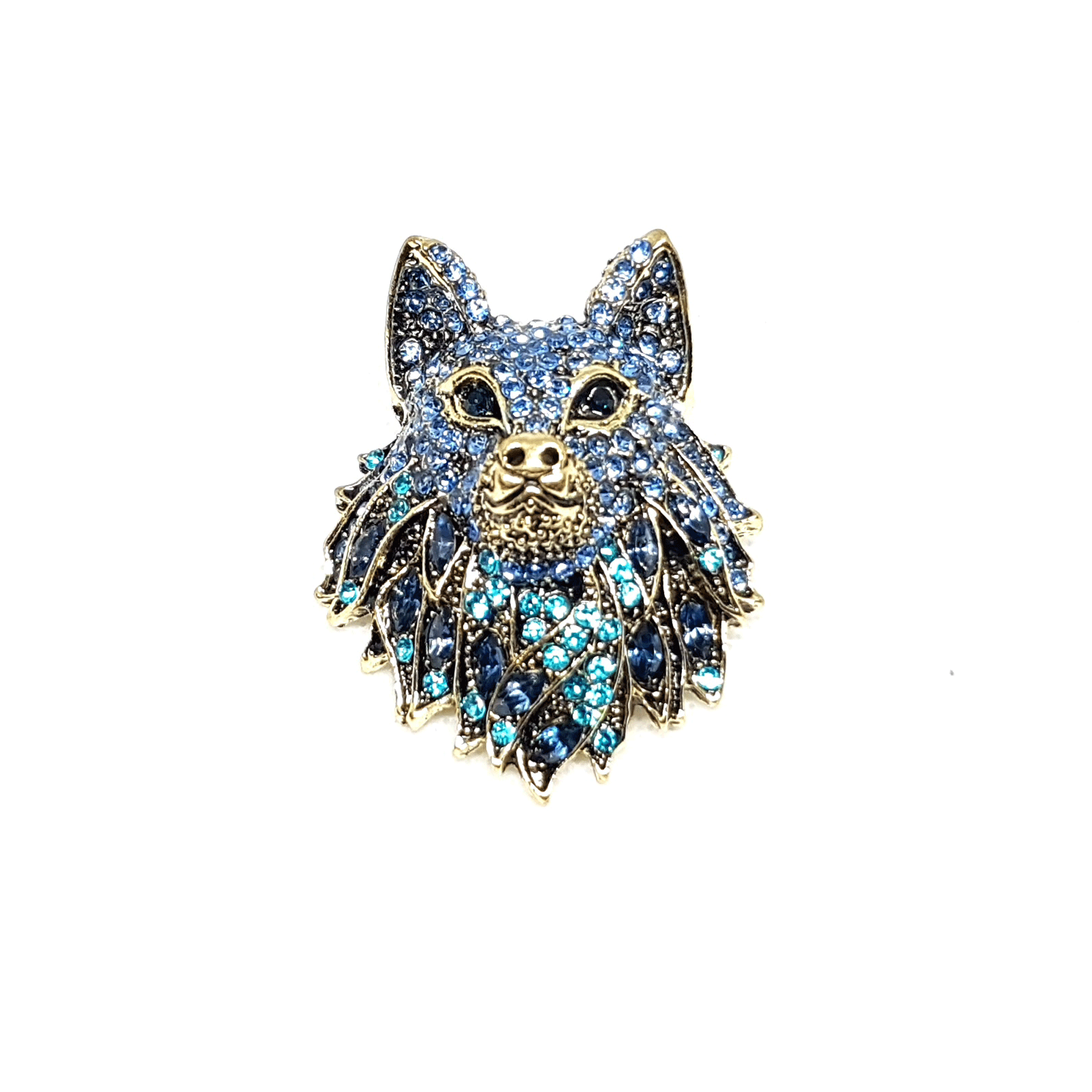 Broche bijou tête de loup bleue