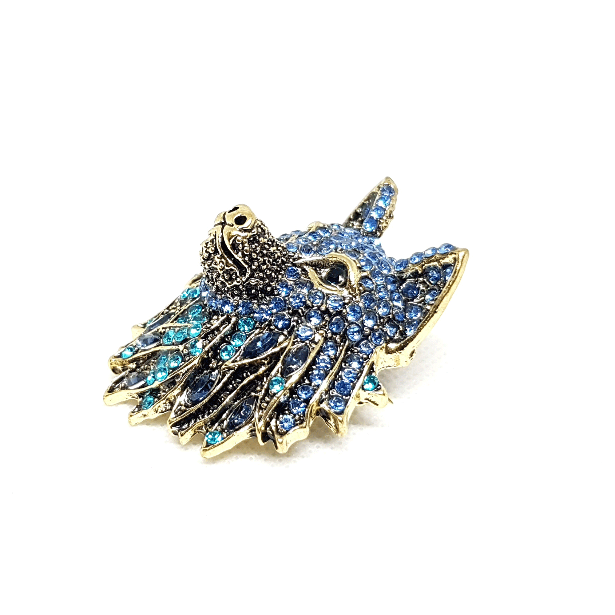 Broche bijou tête de loup bleue