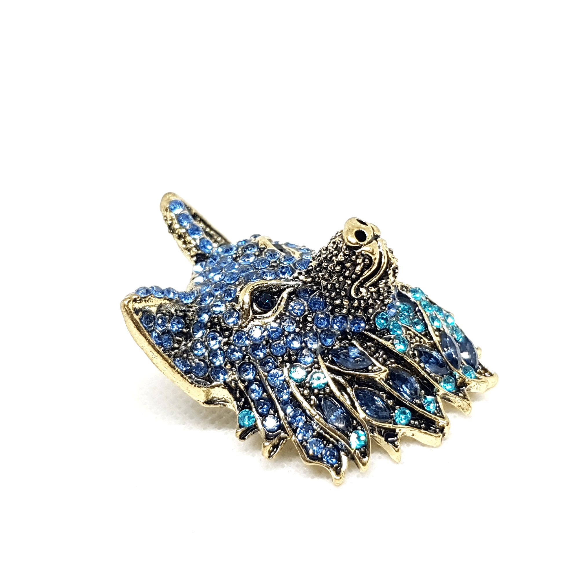 Broche bijou tête de loup bleue