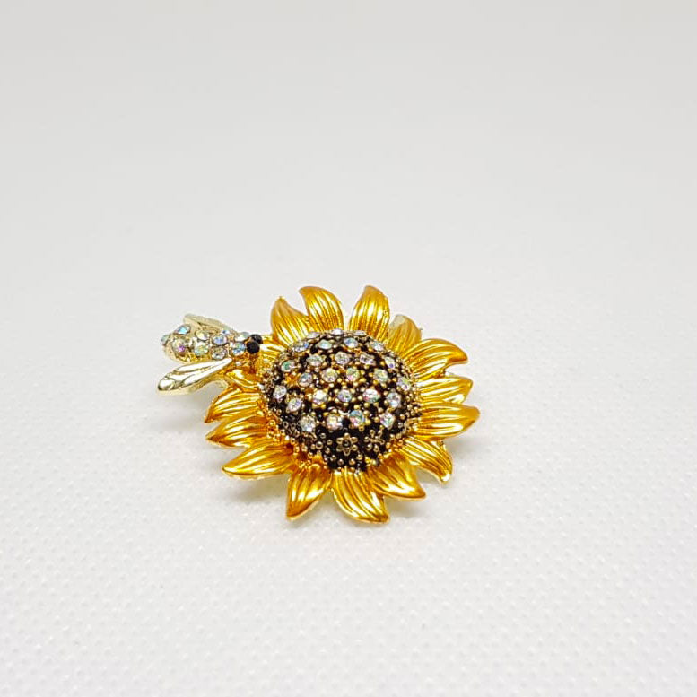 Golden Bee on Sunflower Flower Brooch