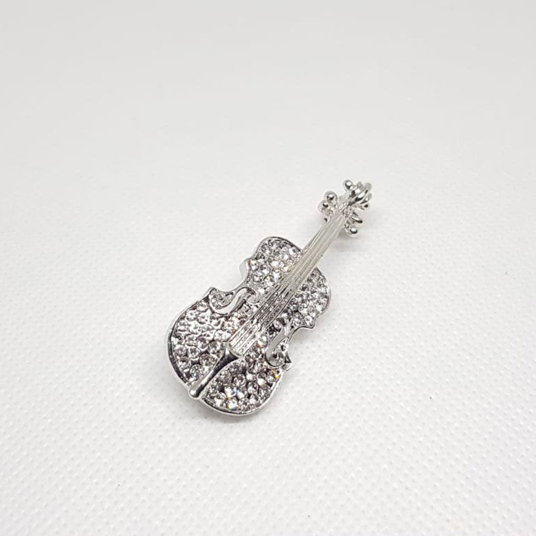 Silver Crystal Violin Music Brooch