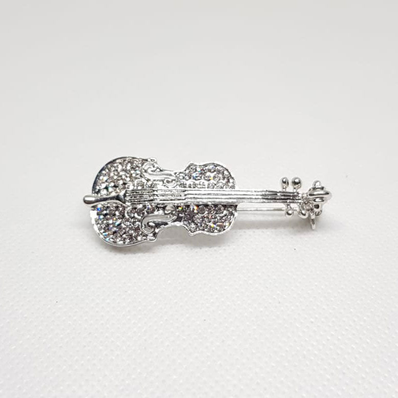 Silver Crystal Violin Music Brooch